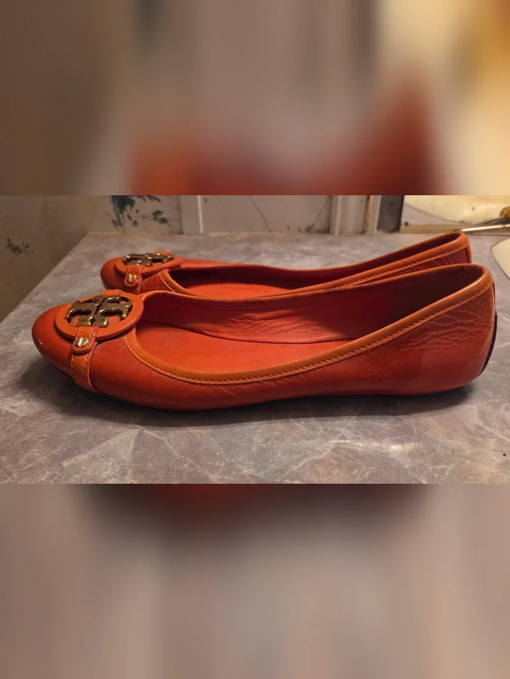 Tory Burch Orange Patent Leather Logo Ballet Flats